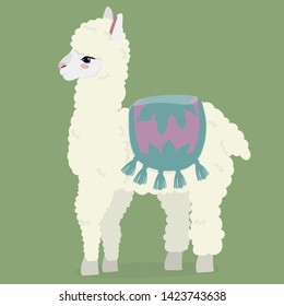 Cute white fluffy alpaca on a green background. Vector image.