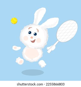 Cute white fluffy bunny playing tennis with enthusiasm. Cartoon vector illustration Sport.