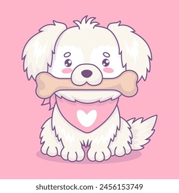 Cute white fluffy dog with big bone in his mouth. Funny cartoon kawaii character animal pet. Vector illustration. Kids collection