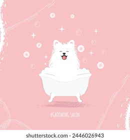 A cute white fluffy dog sitting and smiling with his tongue sticking out in a tub of bubbles. grooming salon concept