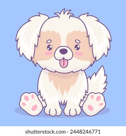 Cute white fluffy dog with tongue hanging out. Funny cartoon kawaii character animal. Vector illustration. Kids collection