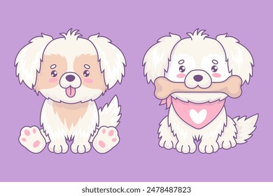 Cute white fluffy dog with tongue hanging out and with big bone in his mouth. Funny cartoon kawaii pet. Vector illustration. Isolated animals. Kids collection