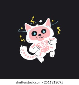 Lindo gatito esponjoso blanco vuela en el espacio. Estrellas, rayos, traje de esqueleto. Gato fantasma. Halloween. Día de los Muertos. Ilustración vectorial aislada sobre fondo negro.