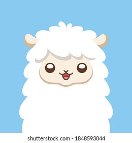 Cute white fluffy sheep, alpaca, llama animal cartoon character head with happy facial expression vector illustration design on blue background.