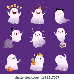 Cute White Flying Ghosts Collection, Adorable Halloween Spooky Characters Vector Illustration