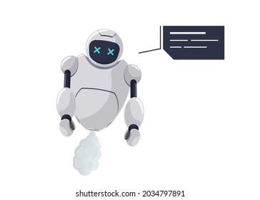 Cute white flying robot character broken. Futuristic chatbot mascot disabled with speech bubble. Tech cartoon online bot communication error. Robotic AI assistance talk failure. Vector illustration