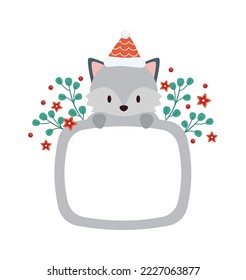 Cute white fox flat icon Frame with winter animal