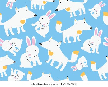 Cute White Fox and Rabbit Seamless Pattern