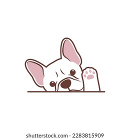 Cute white french bulldog puppy waving paw cartoon, vector illustration