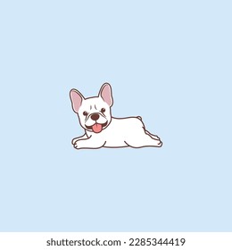 Cute white french bulldog puppy lying down cartoon, vector illustration