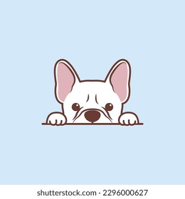 Cute white French Bulldog puppy peeking cartoon, vector illustration