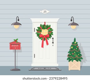 Cute white front door with Christmas wreath, lanterns, Christmas tree and mailbox. Exterior concept for house. Cartoon flat style. Vector illustration