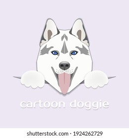 Cute white funny cartoon doggie with paws and shadows on a light background