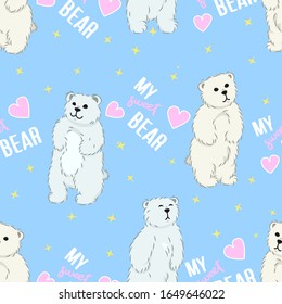cute white furry polar bears seamless pattern on blue background with hearts and stars, lovely cartoon wild animals, editable vector illustration for decoration, fabric, textile, paper, banner, print
