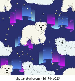 süße weiße Furry-Eisbären nahtlose Muster auf arktischem Nachthintergrund mit Polaris, Cartoon-Wildtieren, bearbeitbare Vektorillustration-Illustration für Dekoration, Stoff, Textil, Papier, Banner, Druck