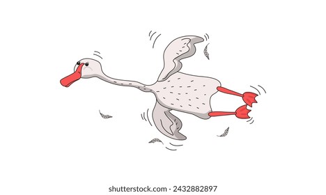 Cute white geese. Funny goose flying cartoon bird. Drawing of a simple goose and feathers. Vector flat illustration, isolated background.