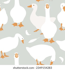 Cute white geese seamless pattern. Vector goose illustration background.