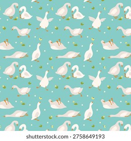 Cute White Geese Seamless Pattern on Turquoise Background, Hand Drawn Farm Birds Texture with Flowers and Butterflies for Kids Fabric and Wallpaper