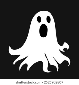 Cute white ghost with black eyes isolated on black background. Halloween vector concept. Spooky vector.