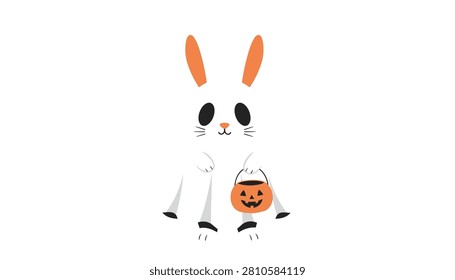 Cute white ghost bunny wearing rabbit ears and holding a small orange carved pumpkin jack-o-lantern bucket for halloween trick-or-treat.