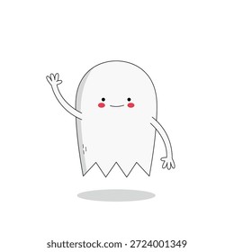 Fantasma branco bonito personagem de desenho animado acenando mão hi doodle