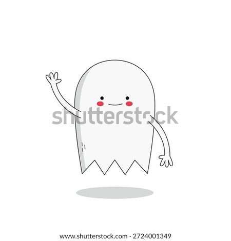 Cute white ghost cartoon character waving hand hi doodle