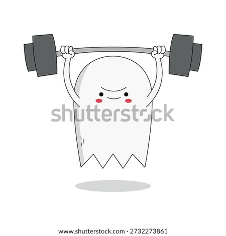 Cute white ghost cartoon character lifting weight barbell doodle