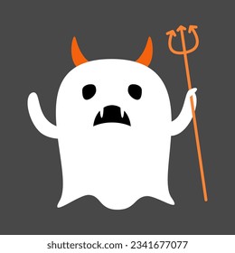 Cute white ghost with devil costume . Halloween cartoon character . Flat design . Vector .