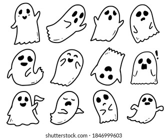 Cute white ghost doodle drawing cartoon collection