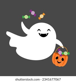 Un fantasma blanco y pequeño sostiene una canasta de toffy . Caricatura de Halloween. Diseño plano. Vector.