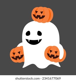 Cute white ghost hold pumpkin . Halloween cartoon character . Flat design . Vector .