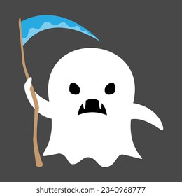 Cute white ghost hold scythe . Halloween cartoon character . Flat design . Vector .