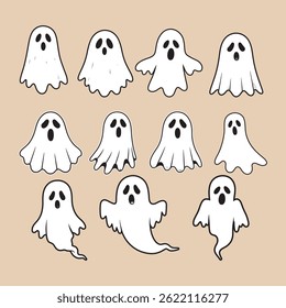 Ilustrações Fantasma Branco bonito várias formas expressões alegres desenhos de Halloween