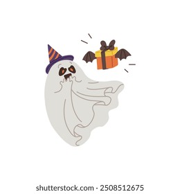 Un fantasma blanco lindo en un sombrero puntiagudo púrpura se regocija en un regalo. Sorpresa voladora con alas de arco y murciélago. Carácter feliz. Halloween. Estilo de dibujos animados. Ilustración vectorial aislada sobre fondo blanco.