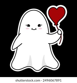 Cute white ghost with red heart balloon sticker. Halloween celebration elements for decor. Vector holiday clip art for print. Cute sticker isolated on black background.