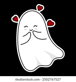 Cute white ghost with red hearts sticker. Halloween celebration elements for decor. Vector holiday clip art for print. Cute sticker isolated on black background.