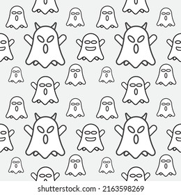 Cute white ghost seamless pattern design template. Black outline design style in Light Grey color background. Flat character vector illustration.