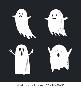 Cute white ghost set, phantom silhouette isolated on black background. Halloween sing spooky monster, scary spirit,  poltergeist flying in night. Mystic creature consept - vector illustration