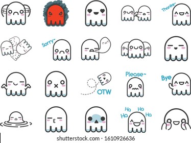 Cute White Ghost Sticker Character Vector Set With Multiple Expressions