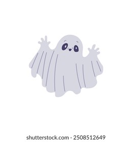 A cute white ghost that is trying to scare. Happy character. Halloween. Funny, creepy spirit. Decorative design element. Cartoon style. Vector illustration isolated on white background.