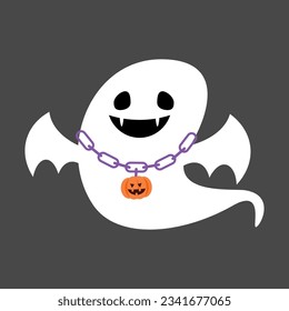 Cute white ghost wear pumpkin necklace . Halloween cartoon character . Flat design . Vector .