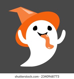 Cute white ghost wear witch hat and stick tongue out . Halloween cartoon character . Flat design . Vector .