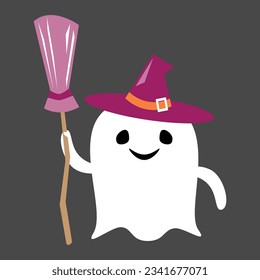 Cute white ghost wear witch hat and hold broom . Halloween cartoon character . Flat design . Vector .