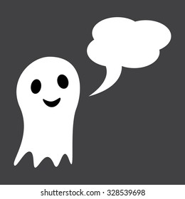 Cute white ghost with wide opened eyes and mouth and speech bubble in the shape of cloud with space for text. Design element