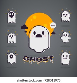 Cute white ghosts outline icon set for halloween. Character in flat design, Icon design, Vector illustration.