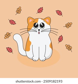 Cute White and Ginger Cat Looks at Falling Autumn Leaves in September. Cartoon Kitten with Big Eyes. Fall Season Vector Illustration.