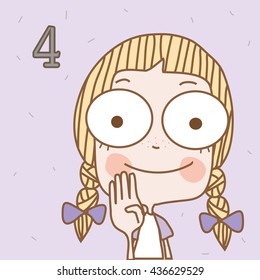 Cute white girl learn number and counting with kids hand showing the number four.