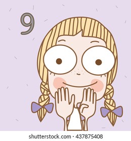 Cute white girl learn number and counting with kids hand showing the number nine.