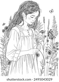 A cute white girl with long hair walks through a field and picks flowers. Black and white doodle coloring book page for adult and children.