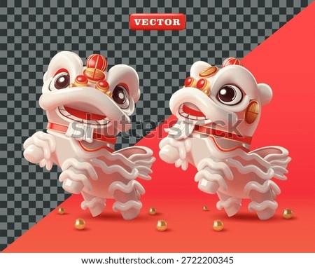 Cute White Glass Lion Dance, 3D vector. Perfect for Chinese New Year